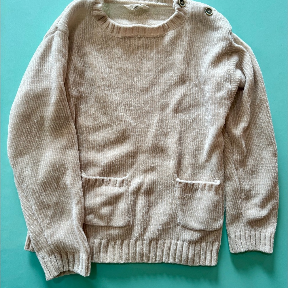 Jessica Simpson Girls Chenille Sweater Size 6X Beige Soft Knit‎ Button Shoulder